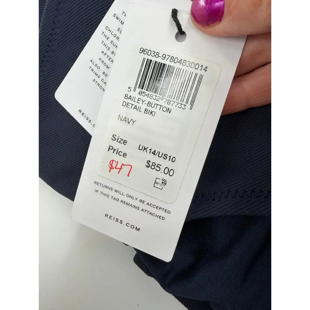 REISS Bikini Bottom Size 10 NEW Navy Blue w/ Button Swim Bottoms Swimsuit